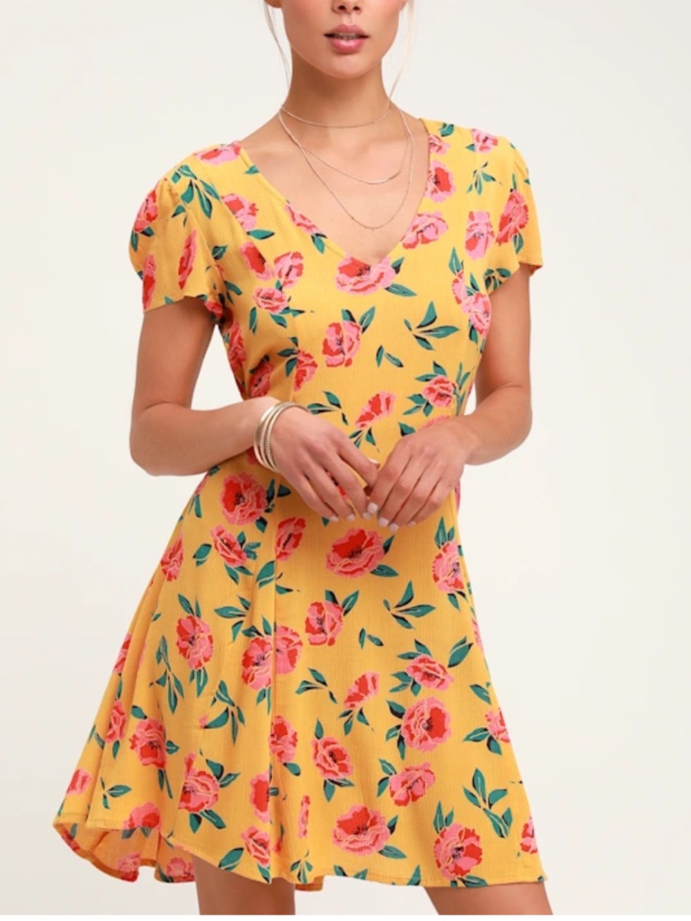 Billabong Skate Day Golden Yellow Floral Print Short Sleeve Mini Dress